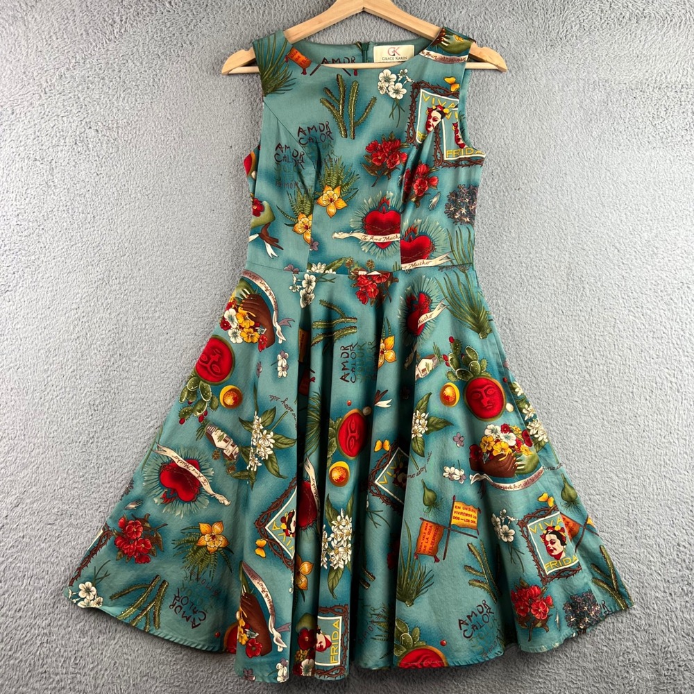 Grace Karin Frida Kahlo Sacred Heart Teal Green Rockabilly Swing Dress Small